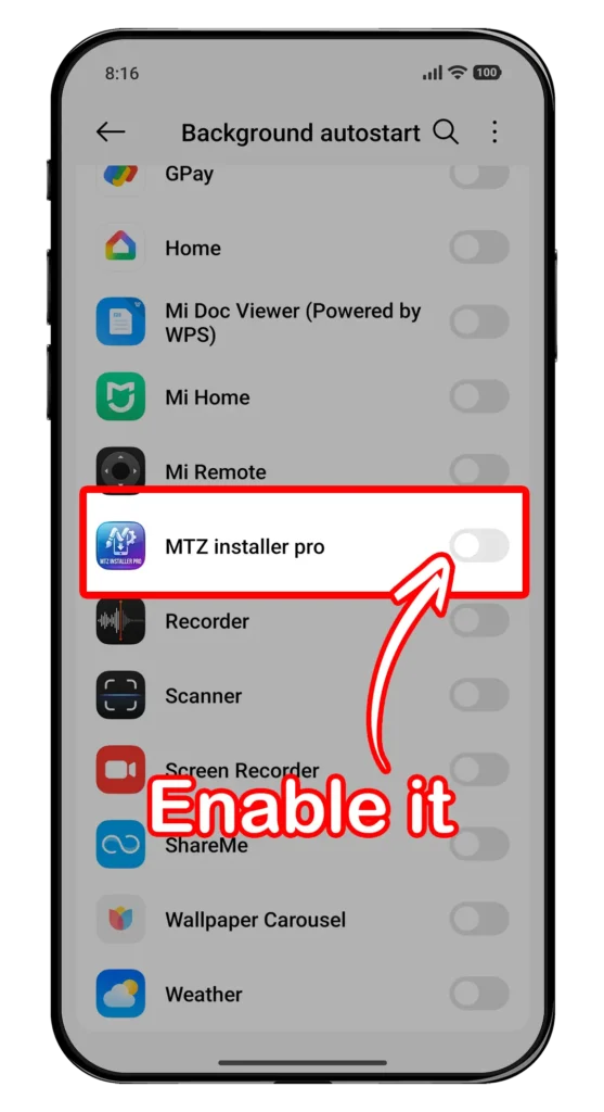 Find the MTZ Installer Pro app and enable it