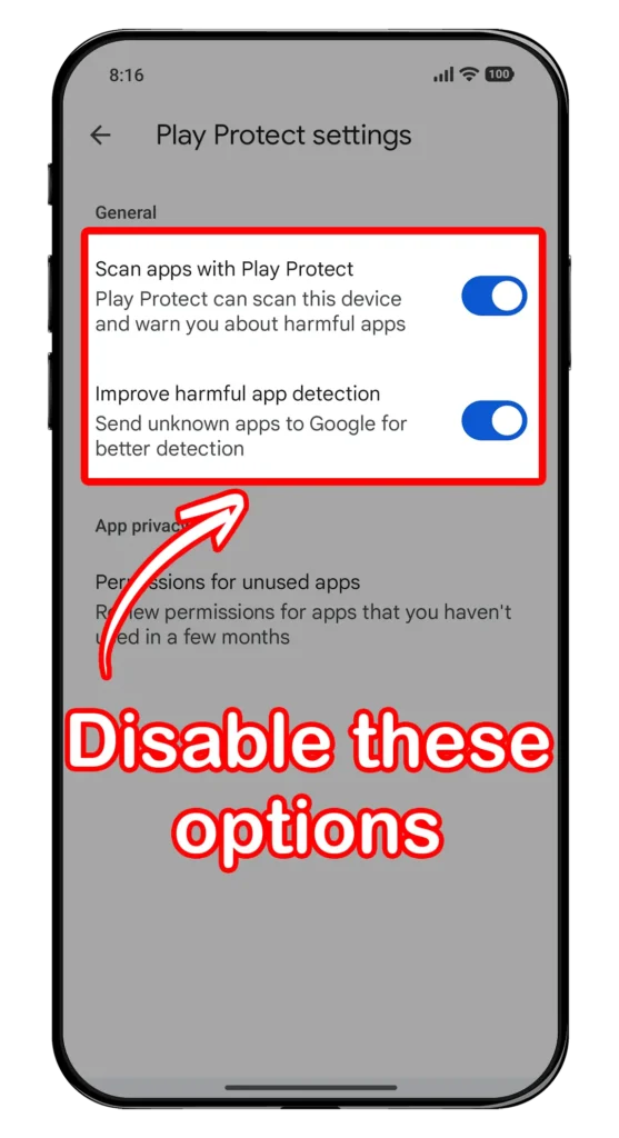 Disable "Scan apps with Play Protect" and "Improve harmful app detection" options